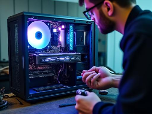 Tecnico OmbraByte che assembla con cura un PC ad alte prestazioni